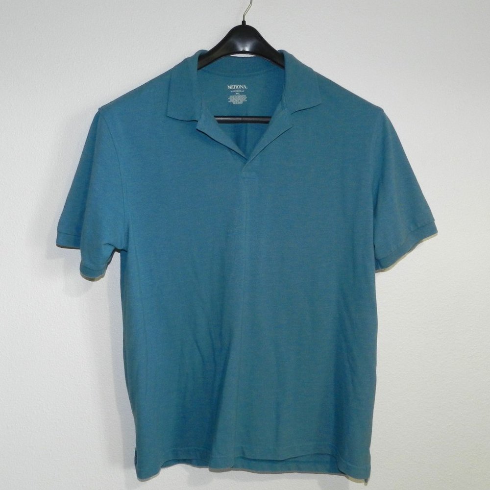 Merona ultimate polo, 2-button, banded short sleeve, v-neck in jade green